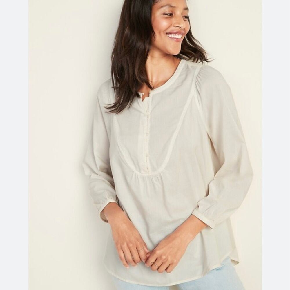 NWT Old Navy bib front ivory cotton blouse long sleeve lightweight sz M